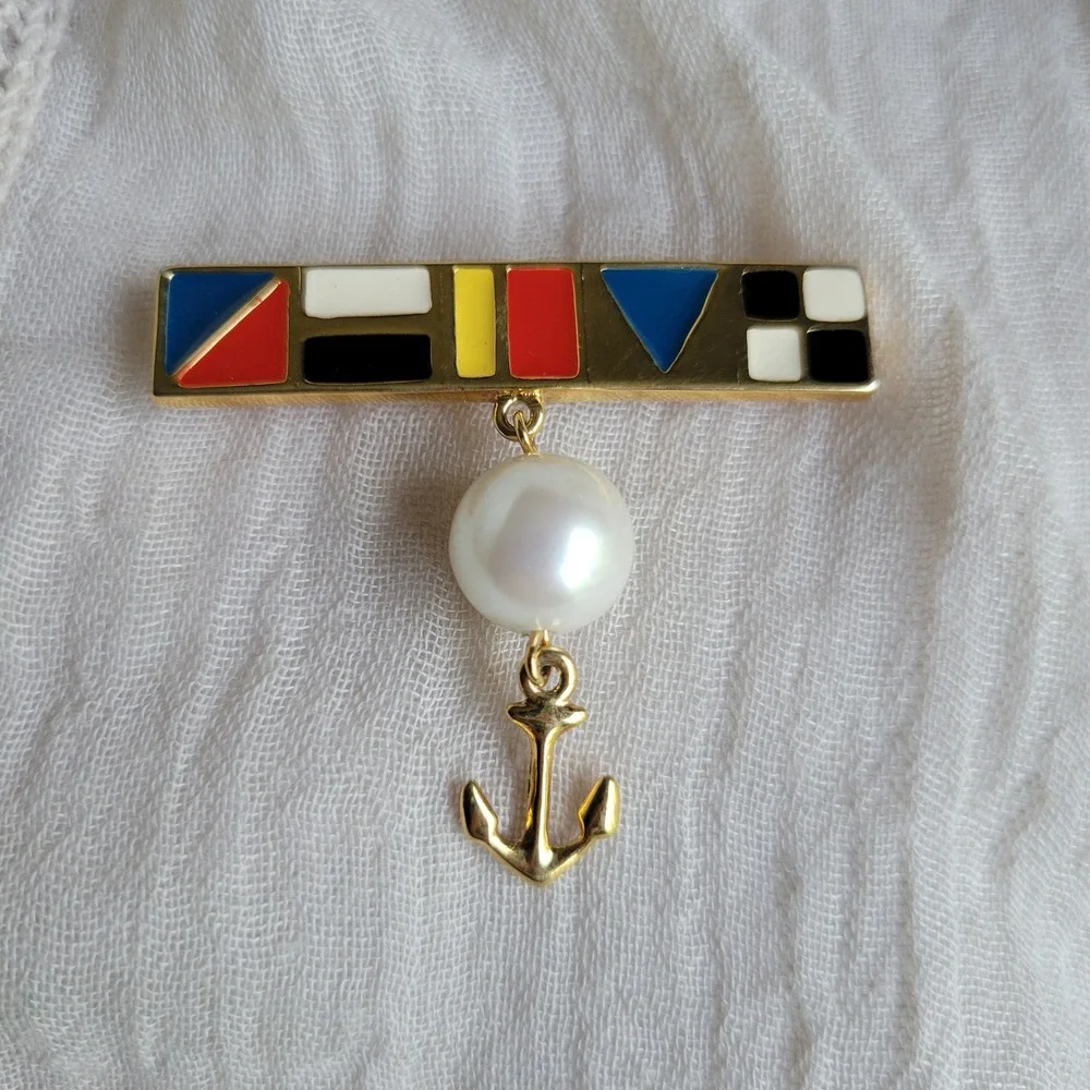Vintage 1990s Marvella Nautical Enamel Bar Brooch Gold Pearl Anchor Pin